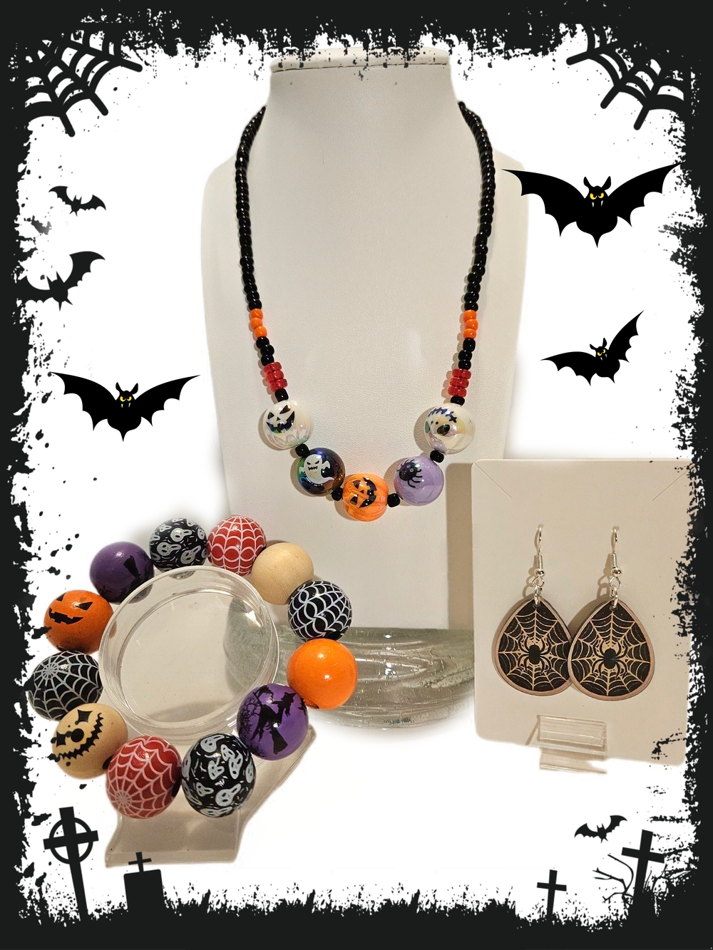 Halloween Beaded Necklace, Bracelet & Earrings Set - Black, Orange, Purple